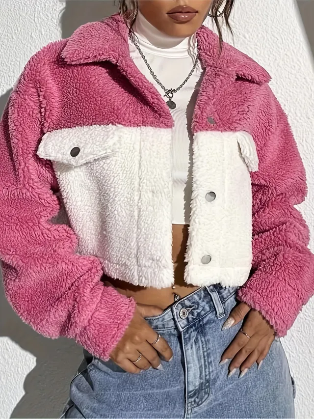 Composite Plush Casual Patchwork Cardigan Turn down Collar Coat Pink - Shop at LoveMi
