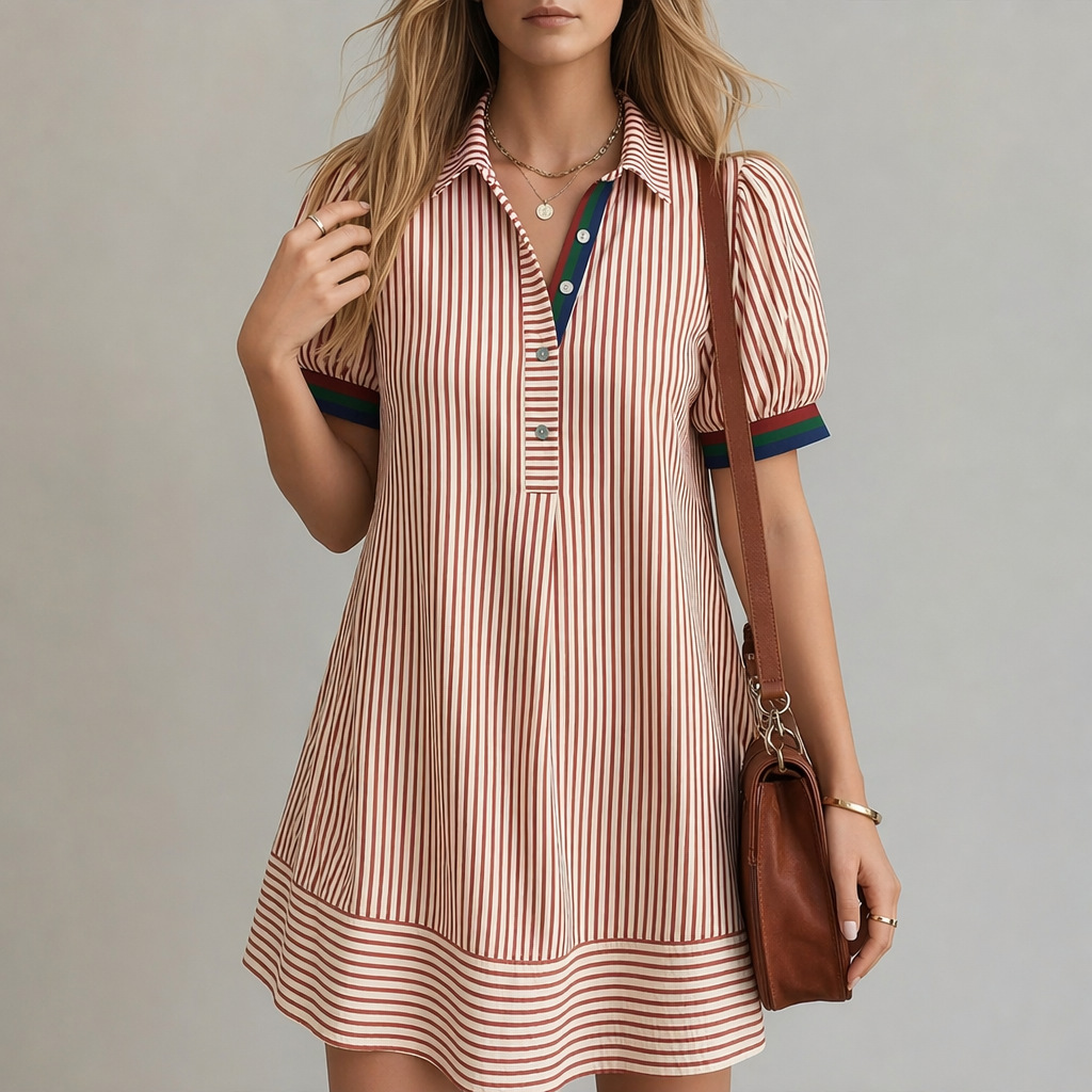 Striped Stand-collar Button-up Puff-sleeve Dress