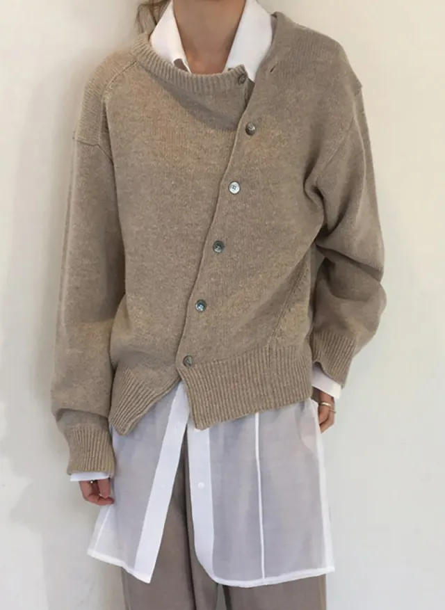 Diagonal Buckle Lazy Sweater Cardigan Round Neck Women's Knitted Coat Apricot - Shop at LoveMi