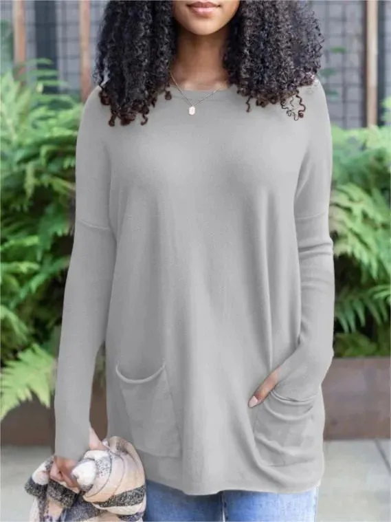 Fashion Pocket Long Sleeve Top For Women - Gray