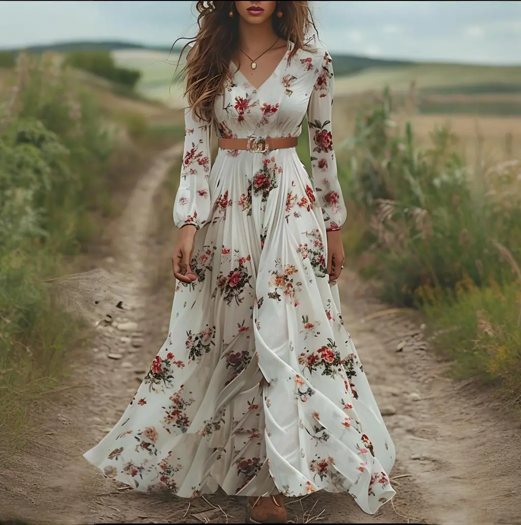 Temperament V-neck Long Sleeve Printed Dress For Woman - White