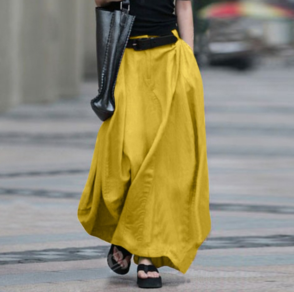 Women's High-Waist Flared Maxi Skirt in Apricot – solid color cotton linen high waist