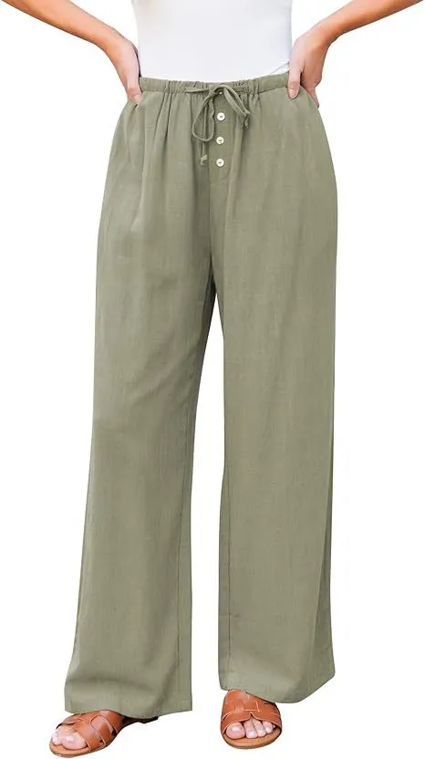 High Waist Button Drawstring Loose Casual Summer Wide-leg Pants With Pockets - Green