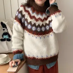 Retro Contrast Color Jacquard High-grade Round Neck Sweater For Women - Red - View 1