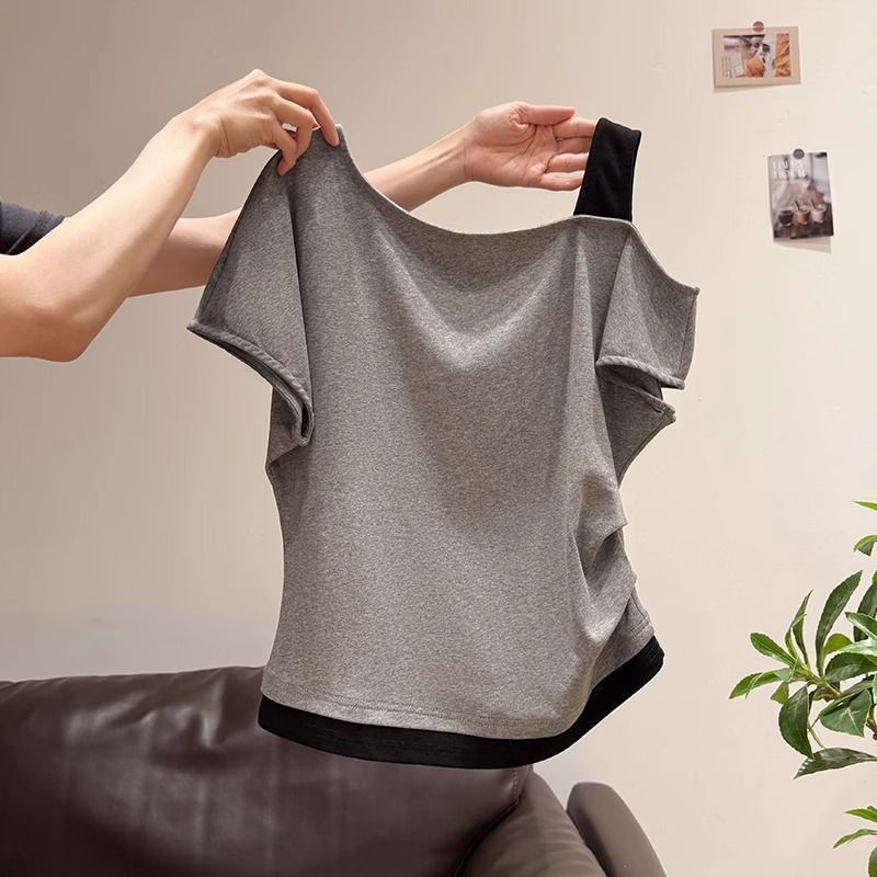 Womens Mock Two-Piece Spliced Design Asymmetrical-Neck Short-Sleeve T-Shirt
