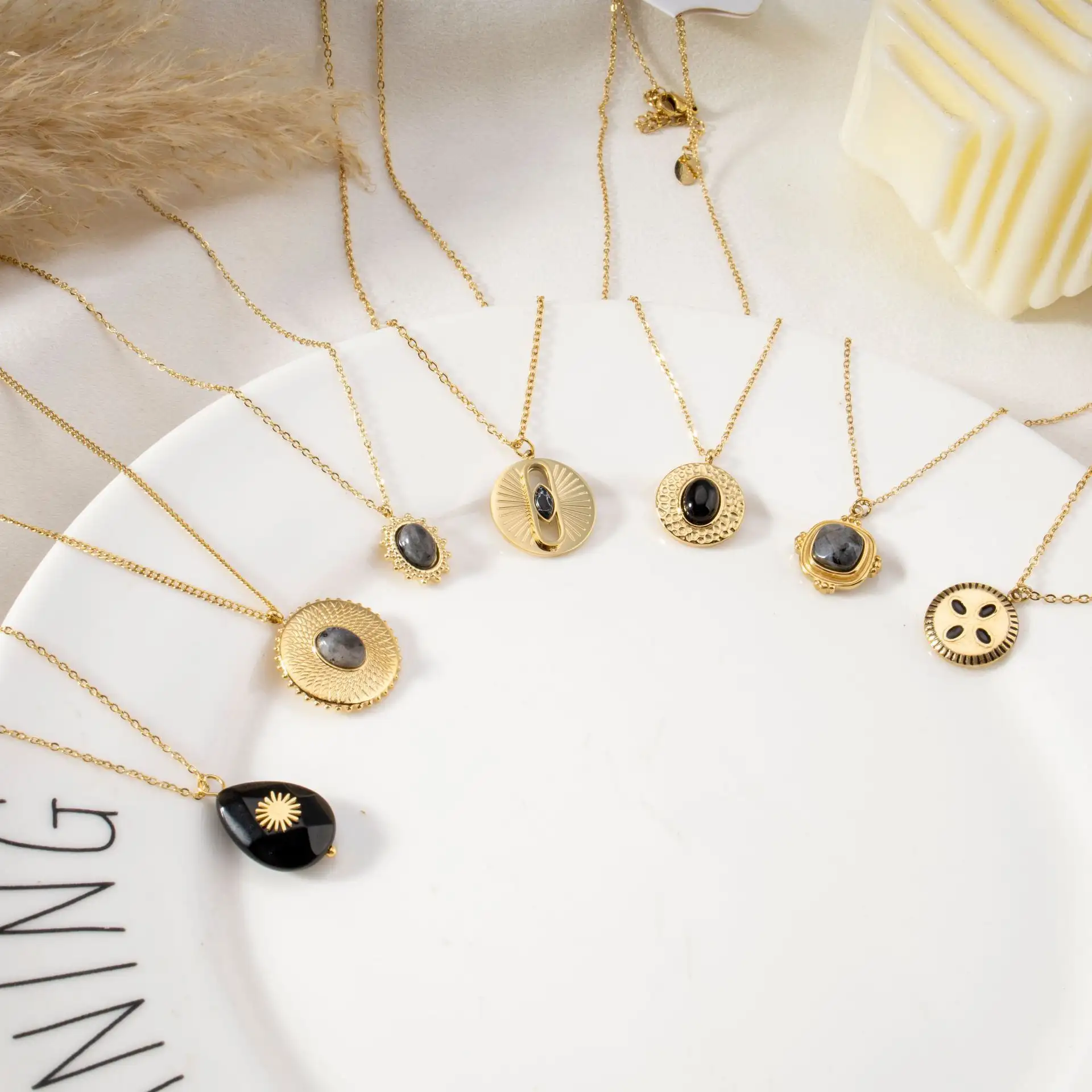 French Retro Natural Stone Titanium Steel Necklace