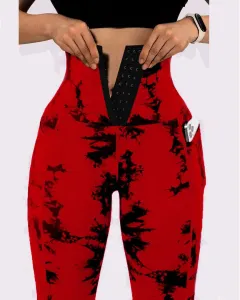 Women's Yoga Sports Patchwork Pocket Tie-dye Leggings - Red - View 1
