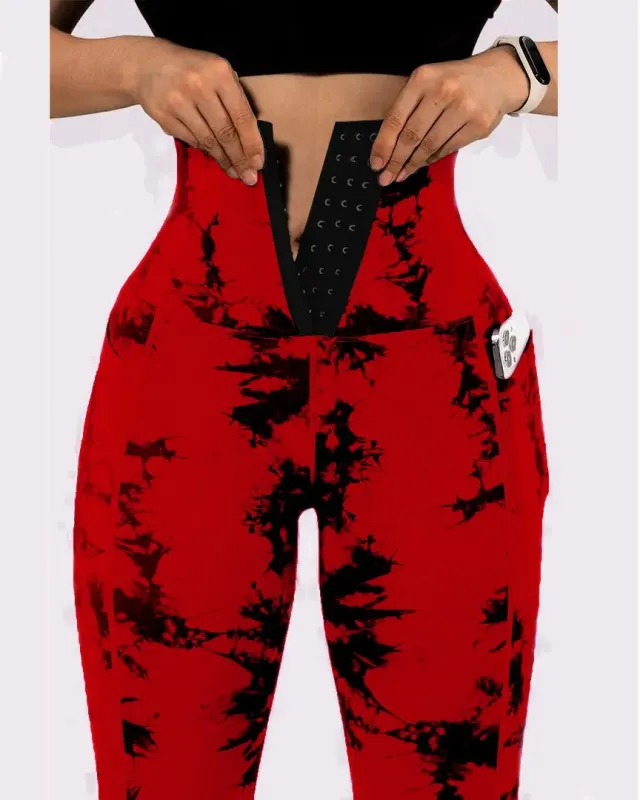 Women's Yoga Sports Patchwork Pocket Tie dye Leggings Red - Shop at LoveMi