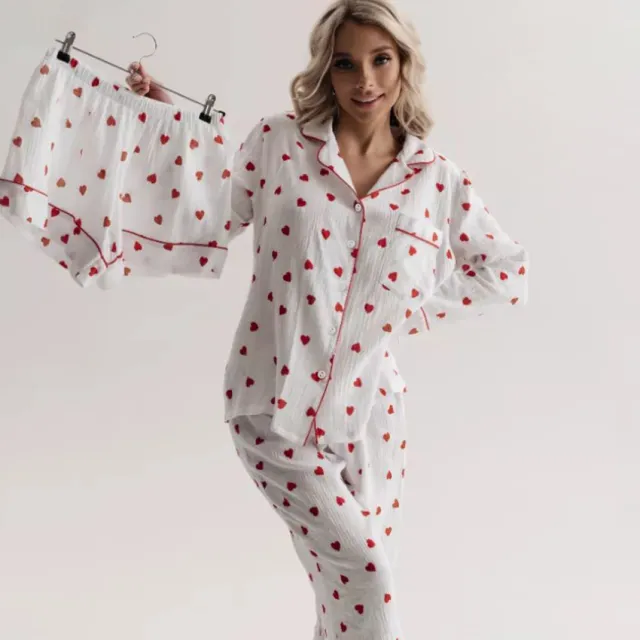 Heart Printing Long Sleeve Shorts Pants Three piece Set For Women Heart Printing - Shop at LoveMi