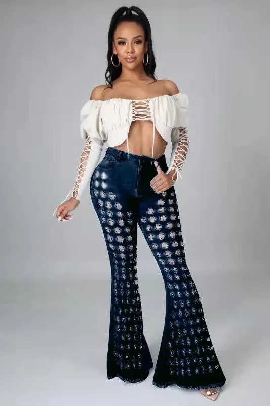 Women's Washed Hole Sanding Sexy Stretch Denim Bell bottom Pants Denim Blue - Shop at LoveMi
