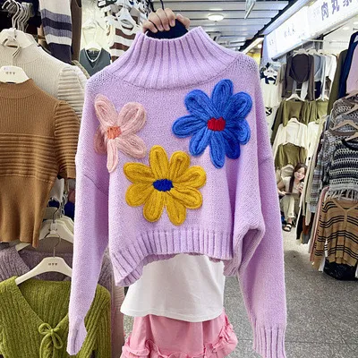 Three dimensional Flower Temperament High Collar Long sleeved Sweater Purple - Shop at LoveMi