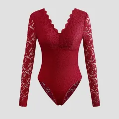 Sexy Solid-Colour Lace Long-Sleeve Sheer Bodycon Jumpsuit - Wine Red - View 1