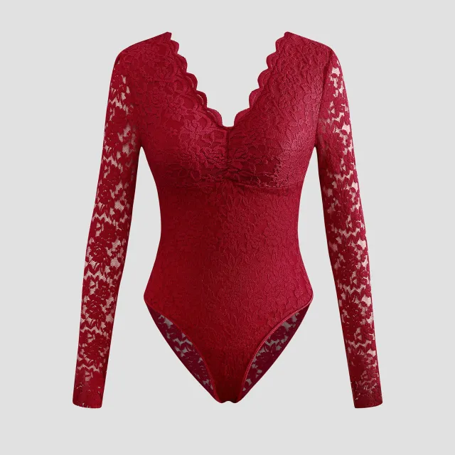 Sexy Solid Color Lace Long Sleeve Sheer Bodycon Jumpsuit Wine Red - Shop at LoveMi