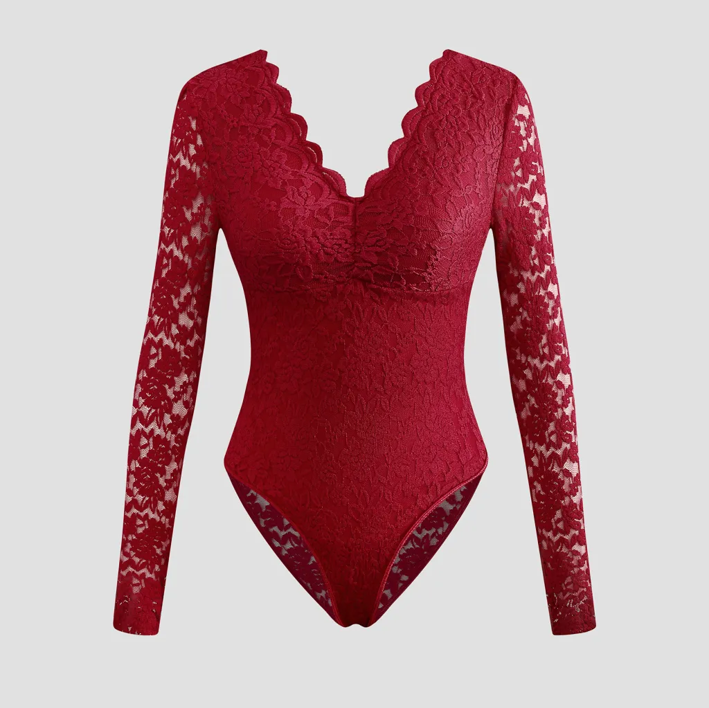 Sexy Solid-Color Lace Long-Sleeve Sheer Bodycon Jumpsuit - Wine Red