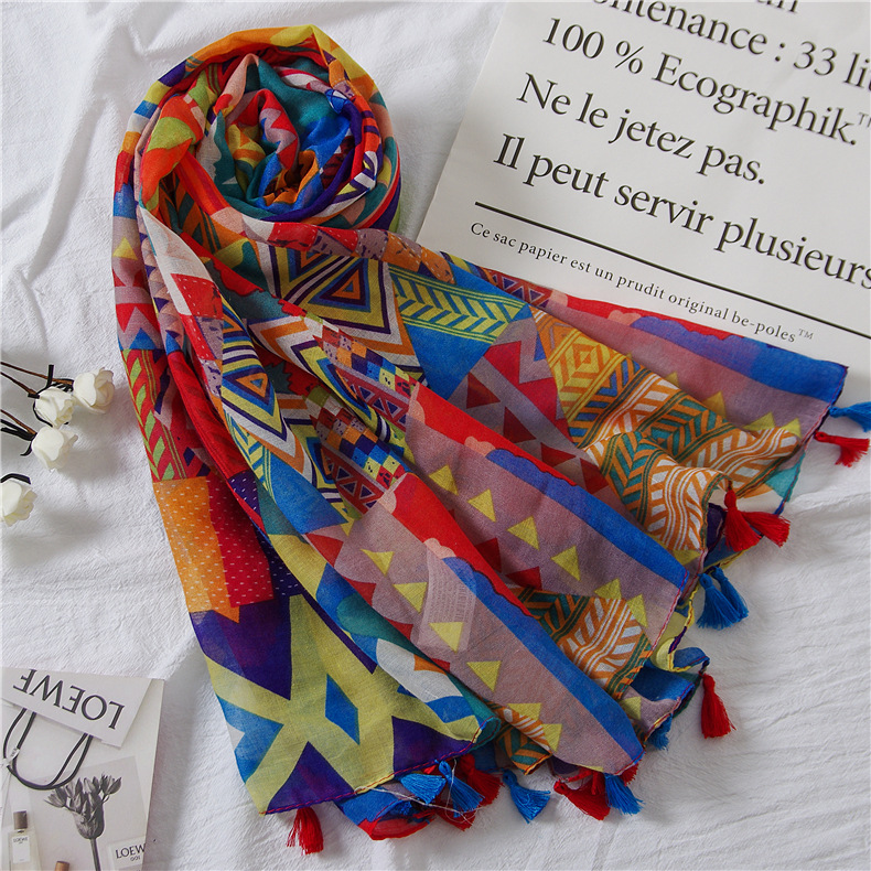 Retro Ethnic Style Fashionable Colorful Geometric Print Cotton And Linen Scarf