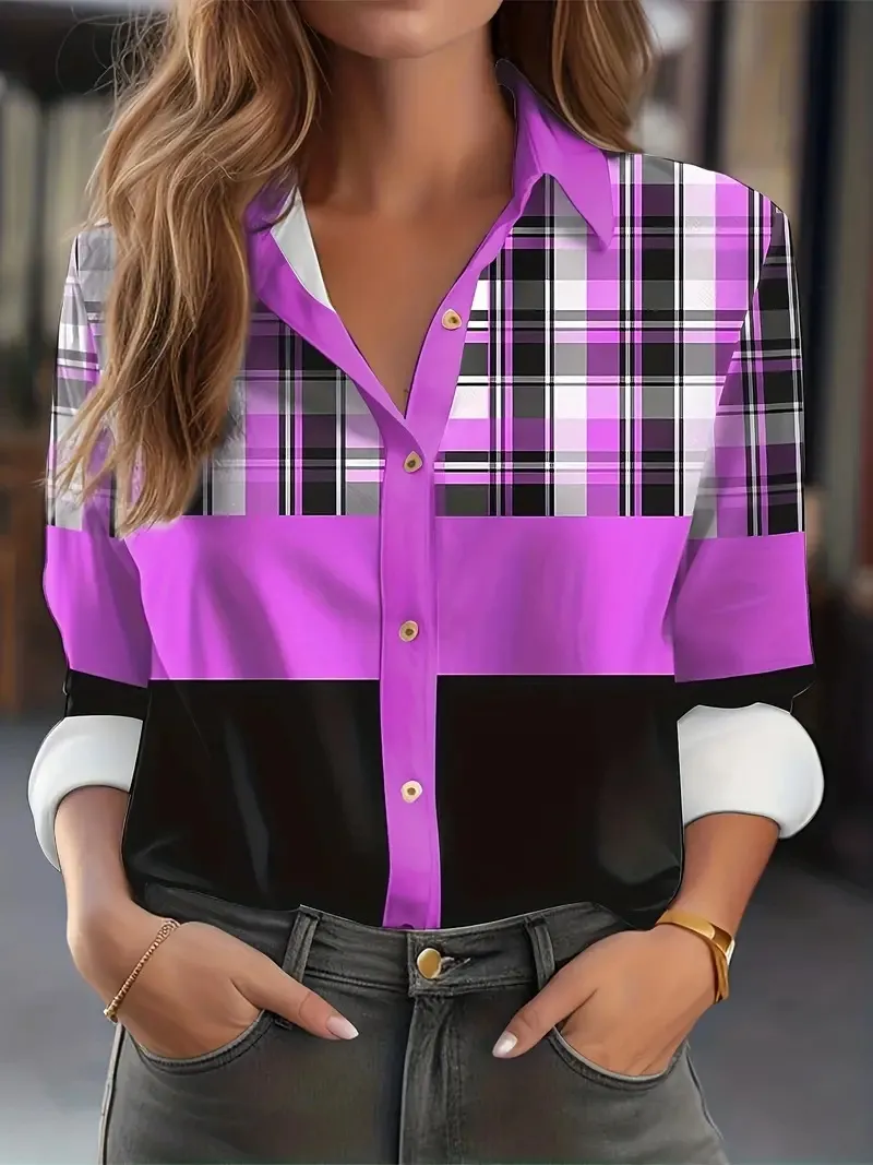 Printed Loose Casual Women's Shirt Long Sleeve Top - B25Sup72F9-Xs