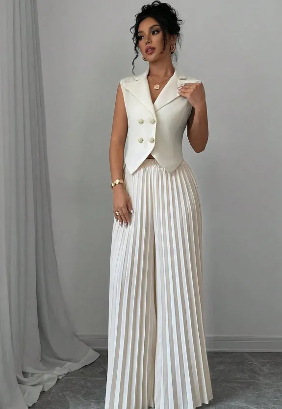 Summer Sleeveless Suit Fashion Lapel Button Vest Top And Pleated Straight Pants Women's Trousers Set Clothing White - Shop at LoveMi