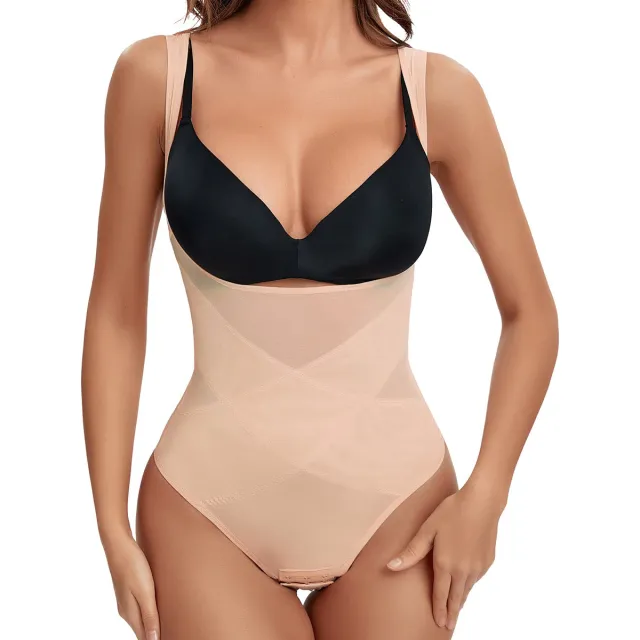 Mesh Breathable Slim Fit Wide Shoulder Strap Corset Belly Contracting Jumpsuit Skin Color Xl - Shop at LoveMi
