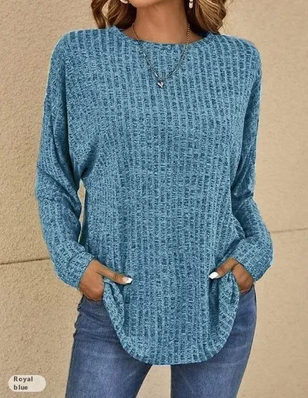 European And American Autumn Knitted Sweater Round Neck Sunken Stripe Top Long Sleeve Loose T shirt Sapphire Blue - Shop at LoveMi