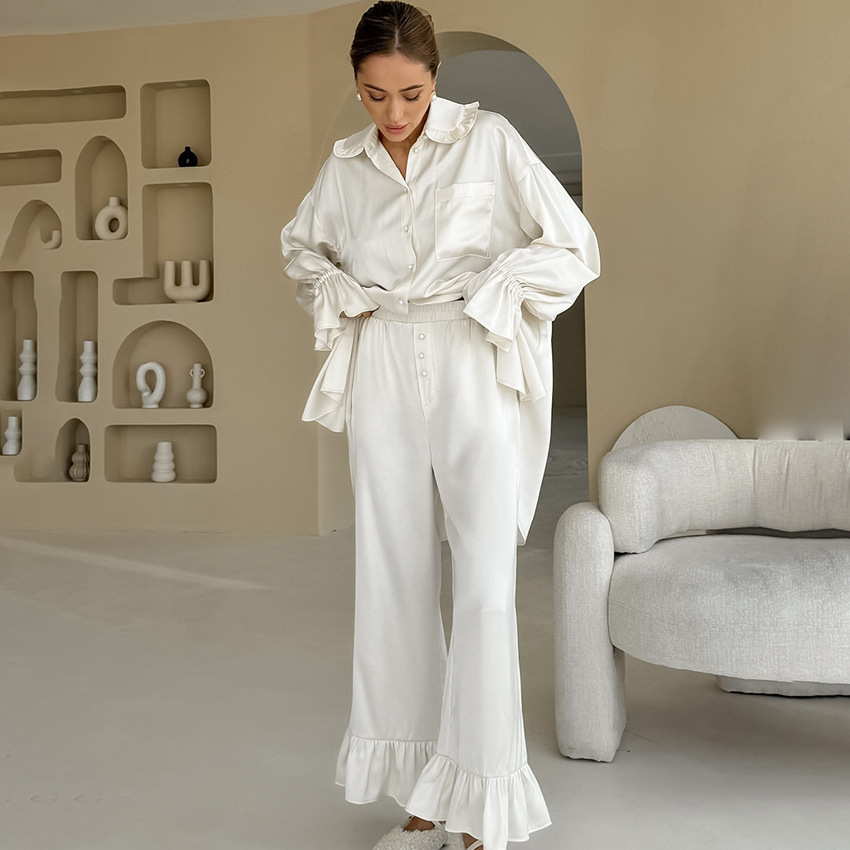 Womens Flounce-Trimmed Loose Long-Sleeve Top And Pants Two-Piece Set