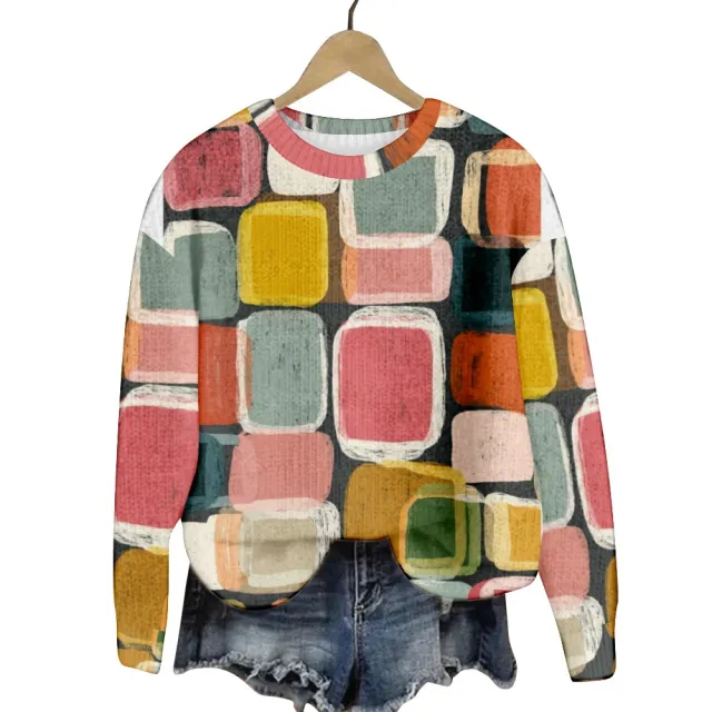 Geometric Color Matching Pattern Elements 3D Printed Casual Women's Round Neck Sweater Type B - Shop at LoveMi