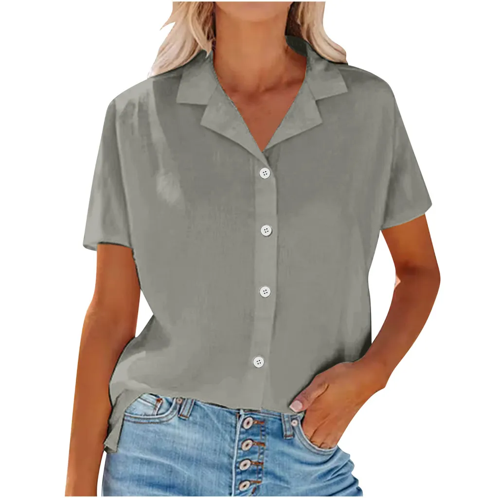 Lapel Cotton And Linen Casual Shirt For Women - Grey
