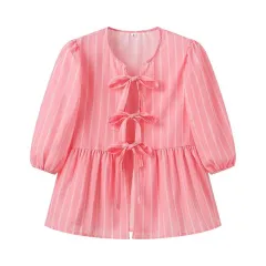 Vertical Striped Bow Lace-up Shirt Loose Round Neck Half Sleeve Shirt - Pink Stripes - View 1