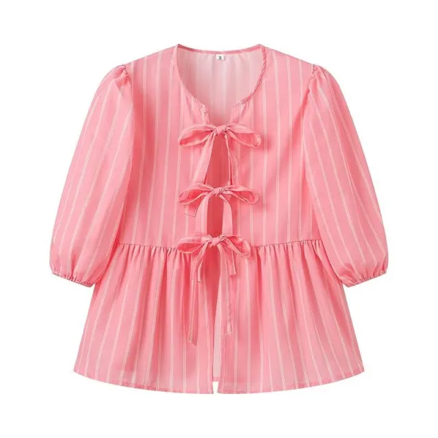Vertical Striped Bow Lace up Shirt Loose Round Neck Half Sleeve Shirt Pink - Shop at LoveMi
