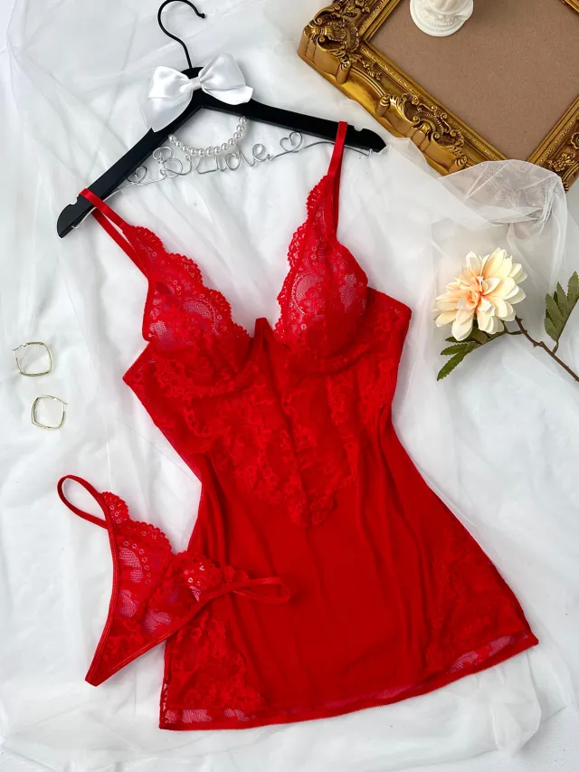 Cutout Sling Tulle See through Lace Pajamas For Women Red - Shop at LoveMi