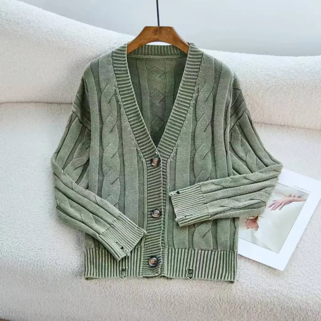 European And American Old Knitted Coat Women's Loose V-neck - Green