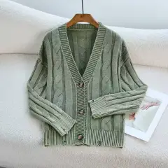 European And American Old Knitted Coat Women's Loose V-neck - Green - View 1