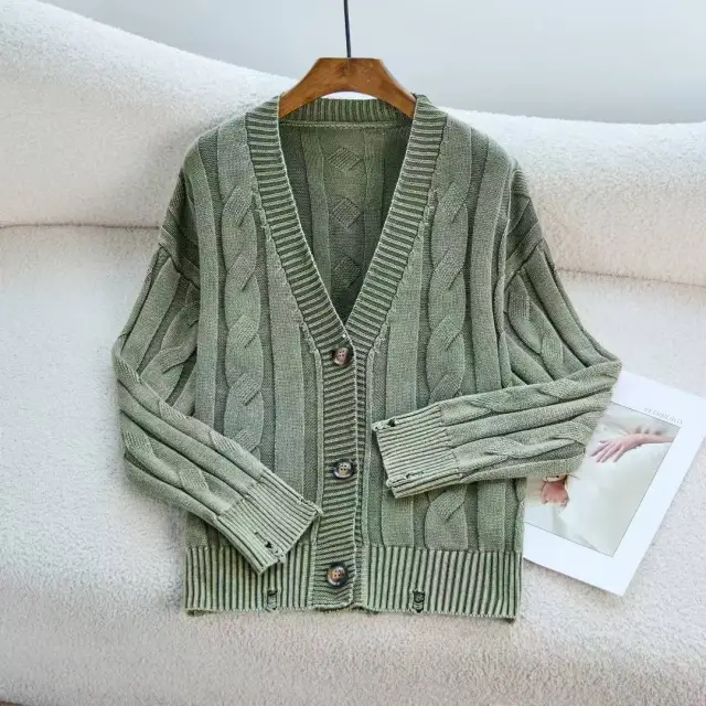 European And American Old Knitted Coat Women's Loose V neck Green - Shop at LoveMi