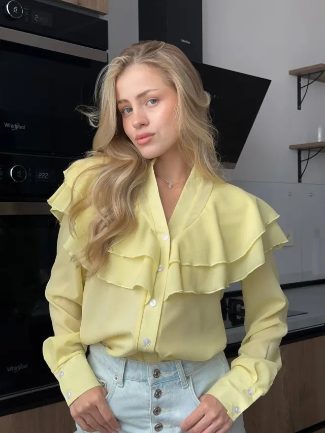 Casual Lotus Leaf V neck Chiffon Women Temperament Shirt Yellow - Shop at LoveMi