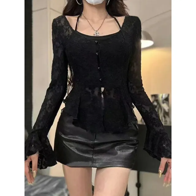 Spicy Girl V neck Bell Sleeve Lace Cardigan Black - Shop at LoveMi