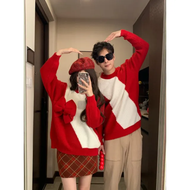 Design Red Bow Atmosphere Color Matching Sweater Men'S Sweater - Shop at LoveMi
