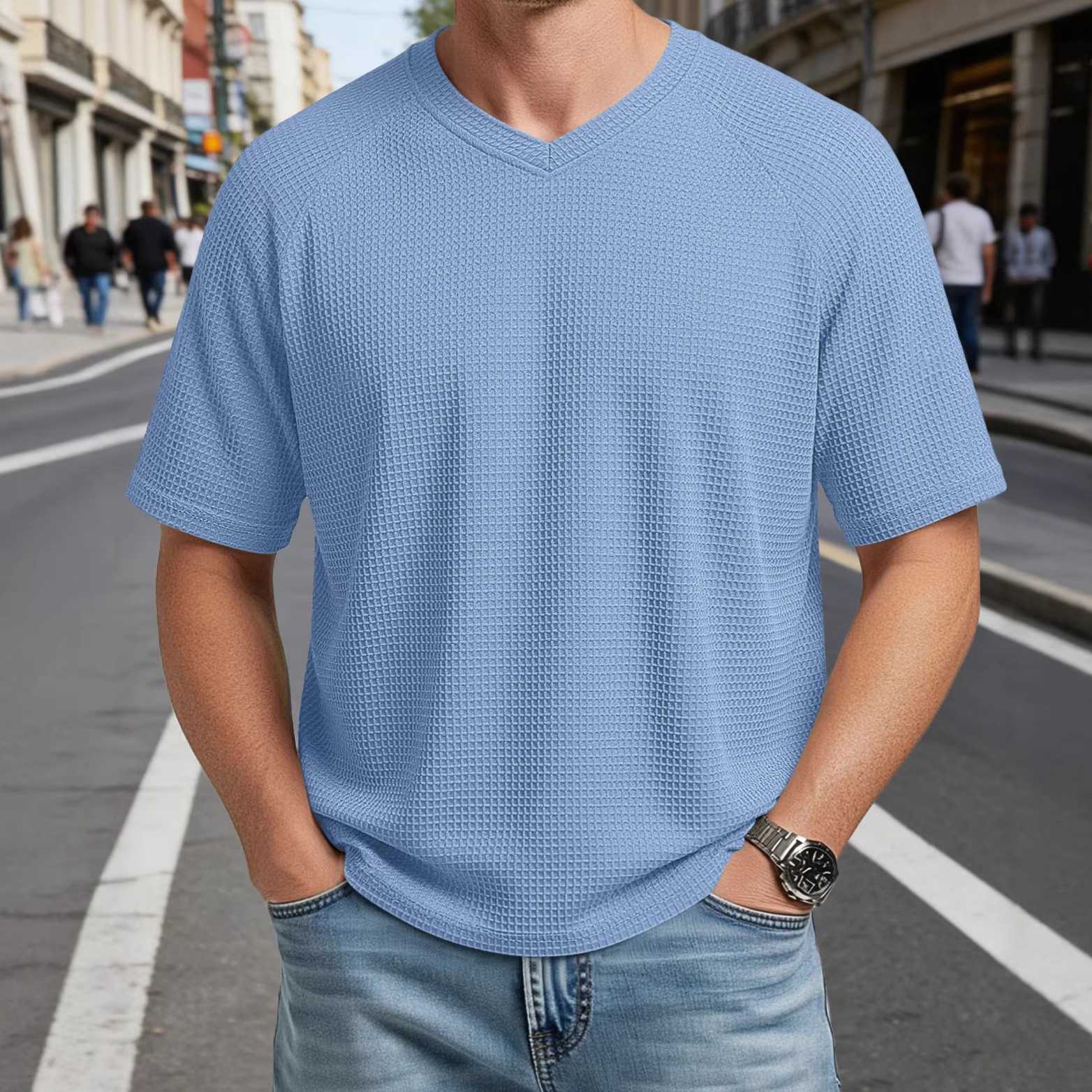 Mens V-neck Raglan Waffle-Knit Short-Sleeve Knit T-Shirt