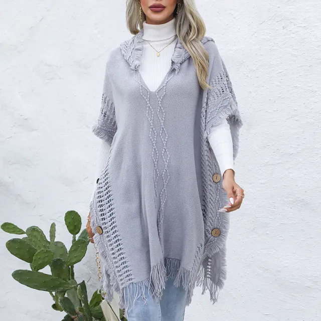 V neck Hooded Pullover Mid length Sweater Gray - Shop at LoveMi