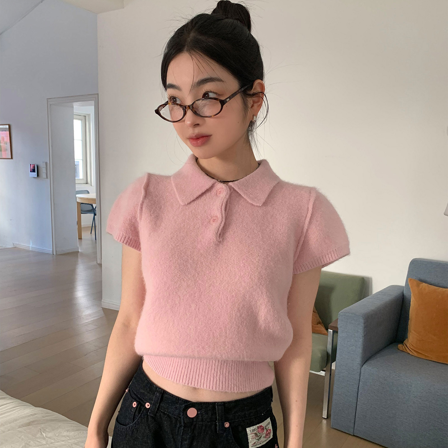Youthful Polo-neck Two-button Short-sleeve Knit Sweater