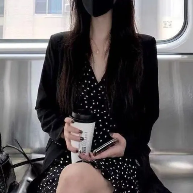 Women's Suit Jacket Spring And Autumn Polka Dot Strapless Dress Black - Shop at LoveMi