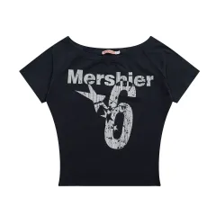 Retro Slant Shoulder Letter Print Short-sleeve Women - Blue - View 1