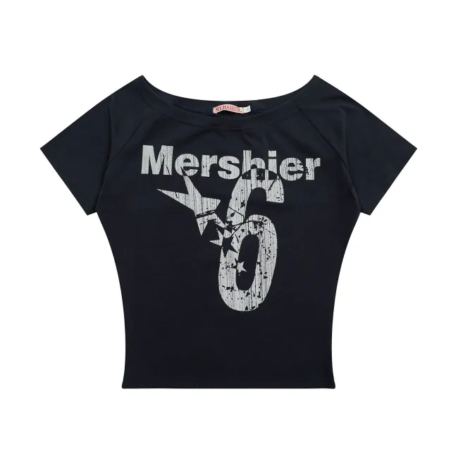 Retro Slant Shoulder Letter Print Short sleeve Women Blue - Shop at LoveMi