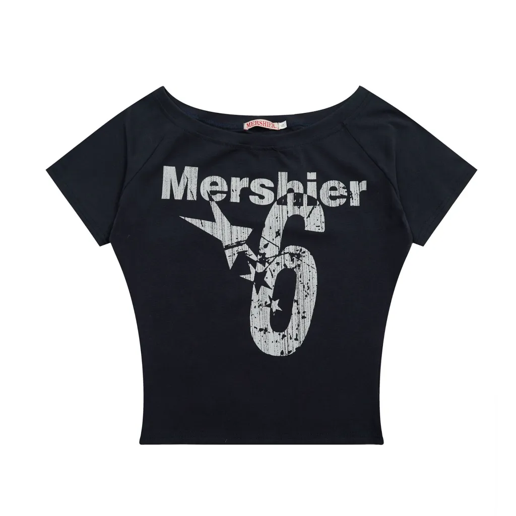 Retro Slant Shoulder Letter Print Short-sleeve Women - Blue