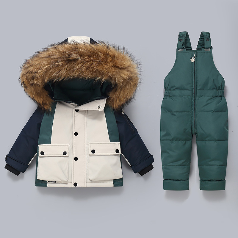 Thickened Down Jacket And Bib Overalls Two-Piece Set For Kids