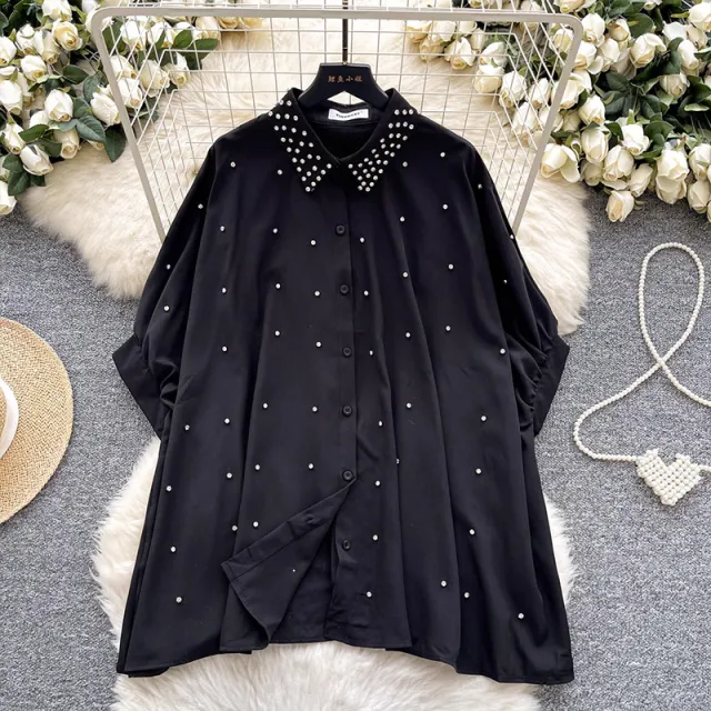 Fashionable Batwing Sleeve Loose Heavy Work Casual Shirt Black - Shop at LoveMi