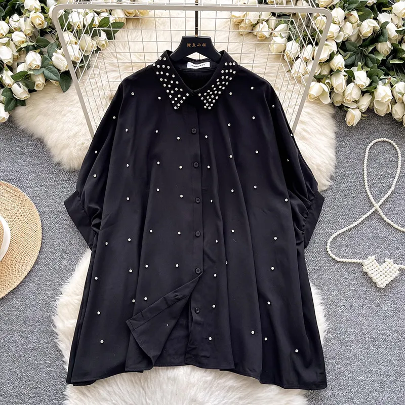 Fashionable Batwing Sleeve Loose Heavy Work Casual Shirt - Black