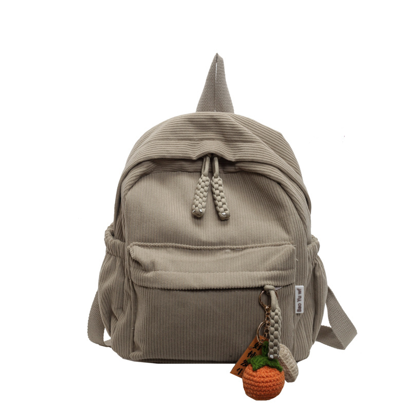 Fashionable Corduroy Student Backpack Compact Travel Daypack Khaki Without Pendant