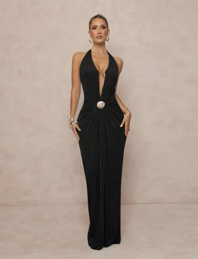 Deep V neck Halter Dress With Open Back For Beach Vacations Black - Shop at LoveMi