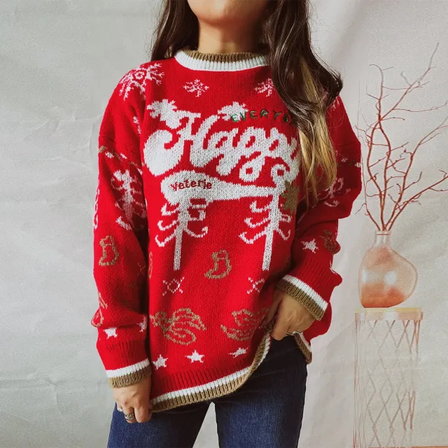 Women's Fashionable Round Neck Long Sleeve Contrast Color Letter Christmas Sweater Red - Shop at LoveMi