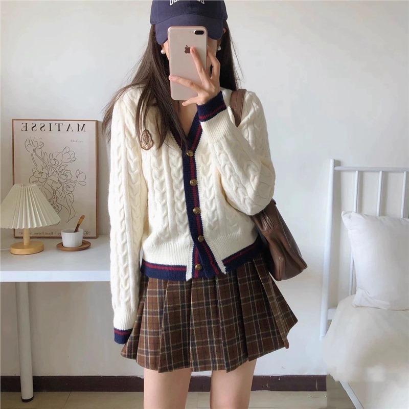 Retro Soft And Cozy Lazy-style Cropped Cable-knit Cardigan For Petite Figures