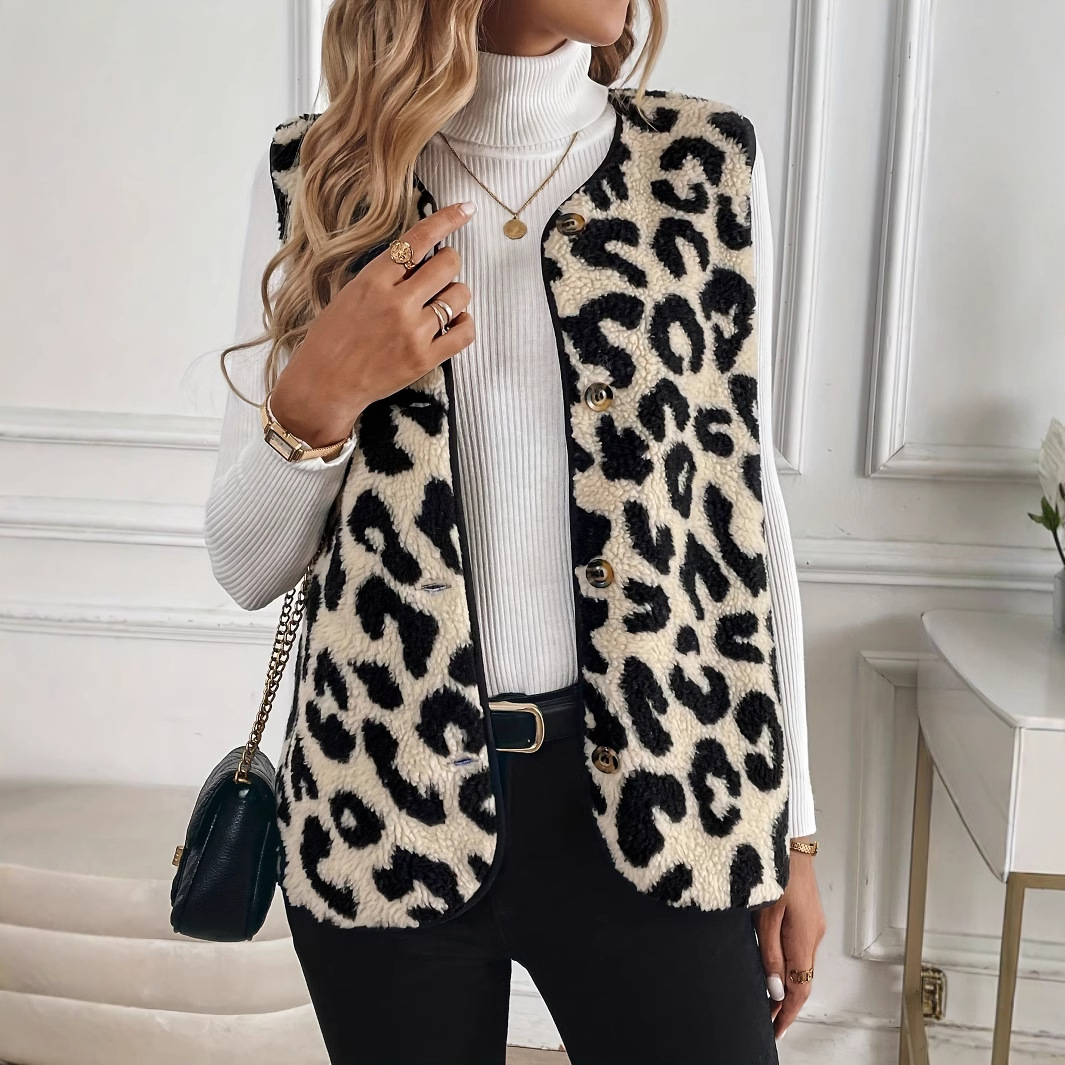 New Leopard Print Front Button Plush Fashion Vest